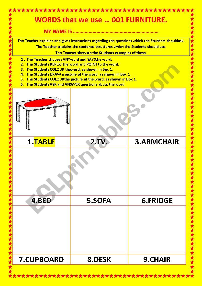 COLOURING, Vocabulary, 001 ... FURNITURE