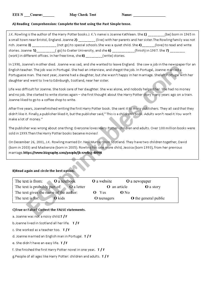 J K Rowling worksheet