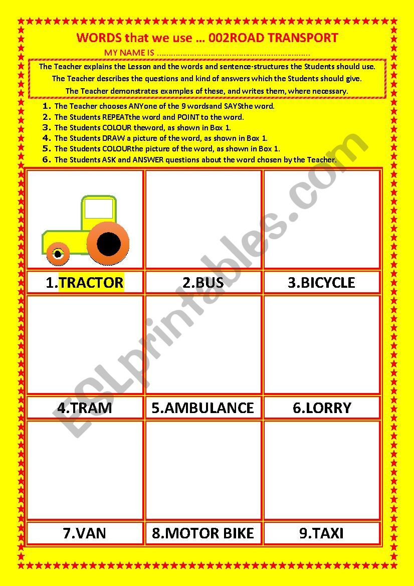 COLOURING, Vocabulary, 002 ...ROAD TRANSPORT