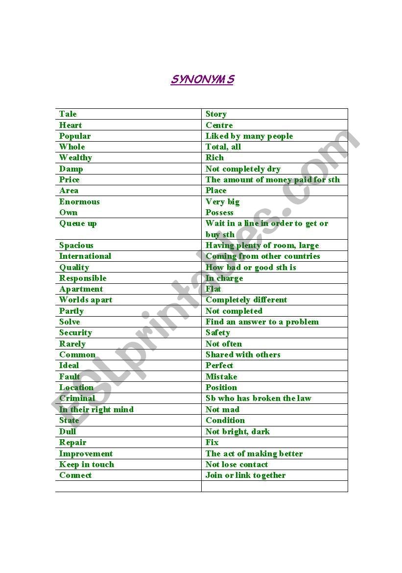 synonyms worksheet