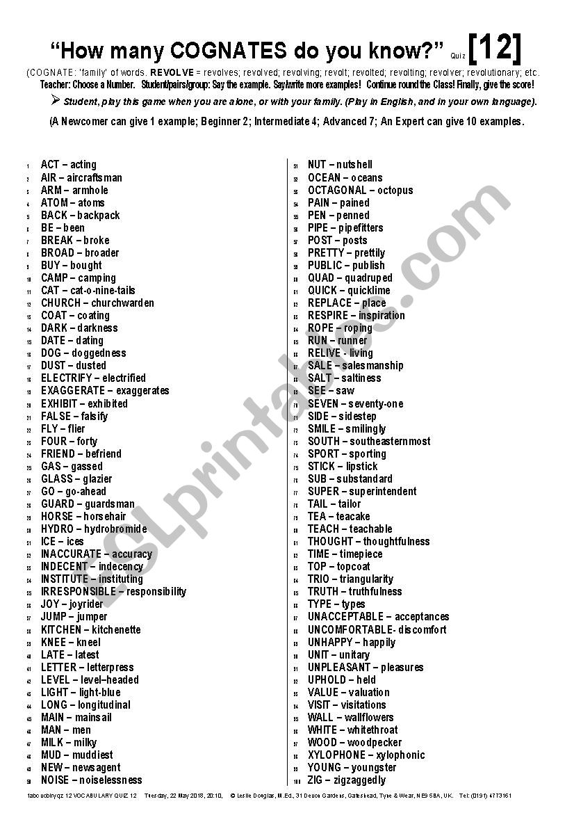 QUIZ GAME 012 Cognates worksheet