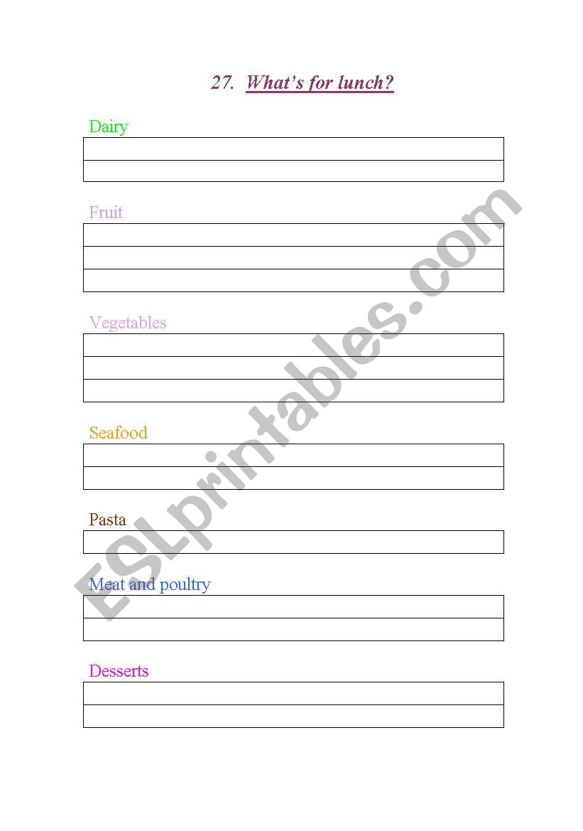 food worksheet