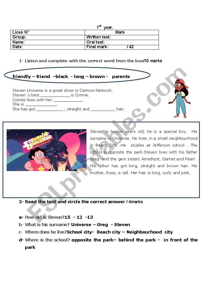 Steven Universe test worksheet