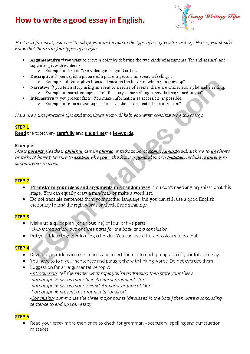 Learn how to write a good essay - ESL worksheet by ben-deggoun Learn how to write a good essay - ESL worksheet by ben-deggoun