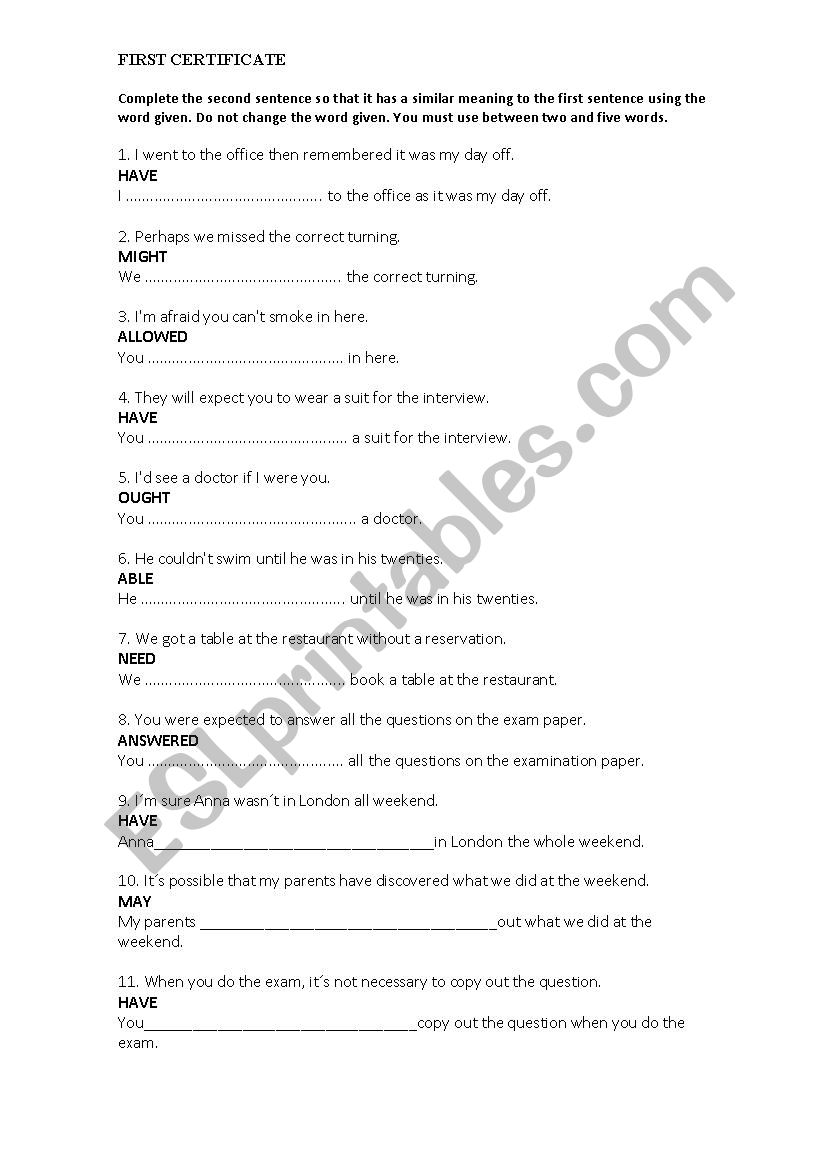 FIRST CERTIFICATE REPHRASING PRACTICE+ KEY