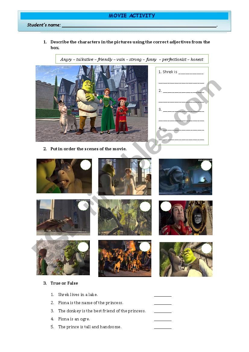 sherk movie activity worksheet