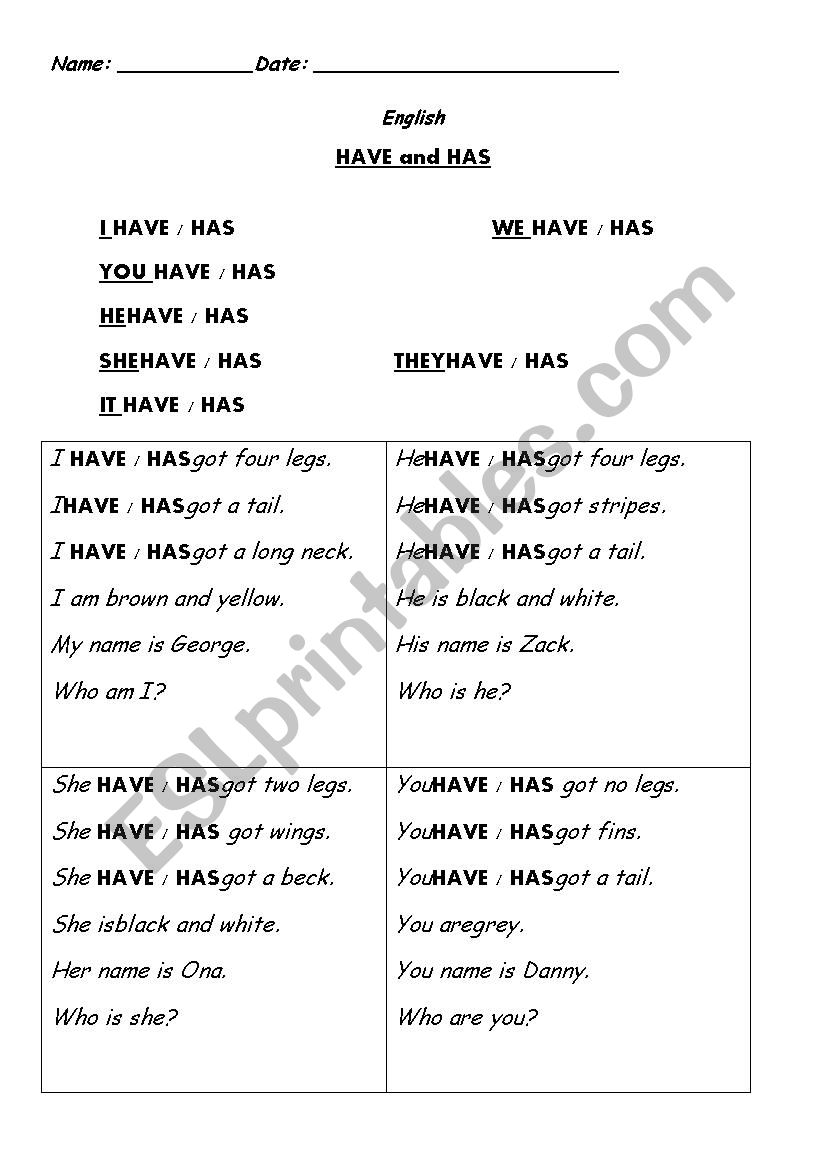 HAVE and HAS worksheet