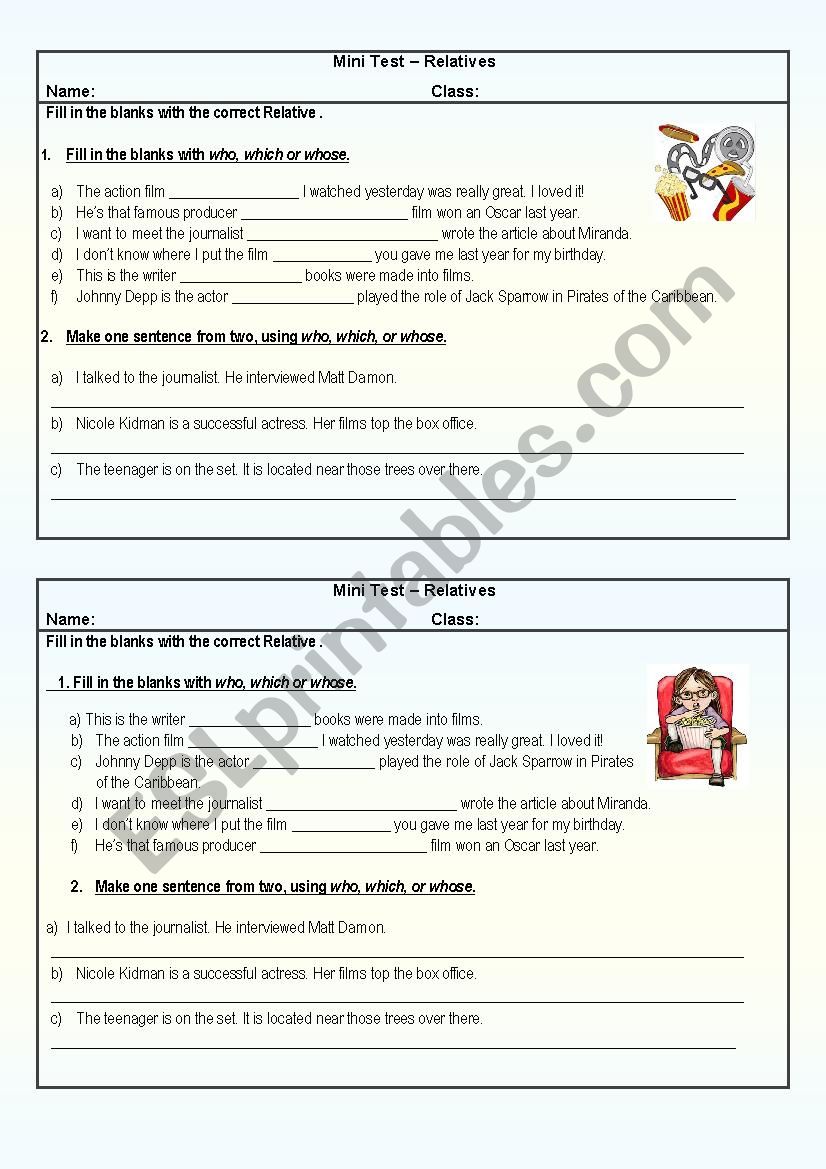 Relatives - Mini Test worksheet