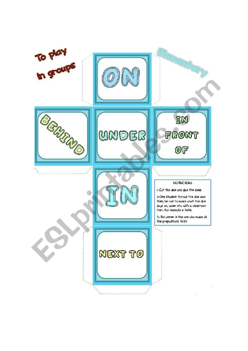 Prepositions Dice worksheet