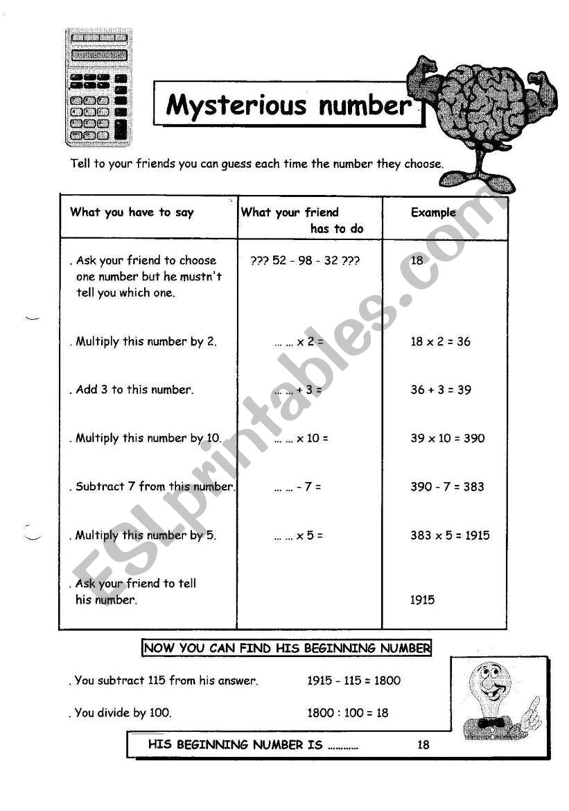 Mysterious number worksheet