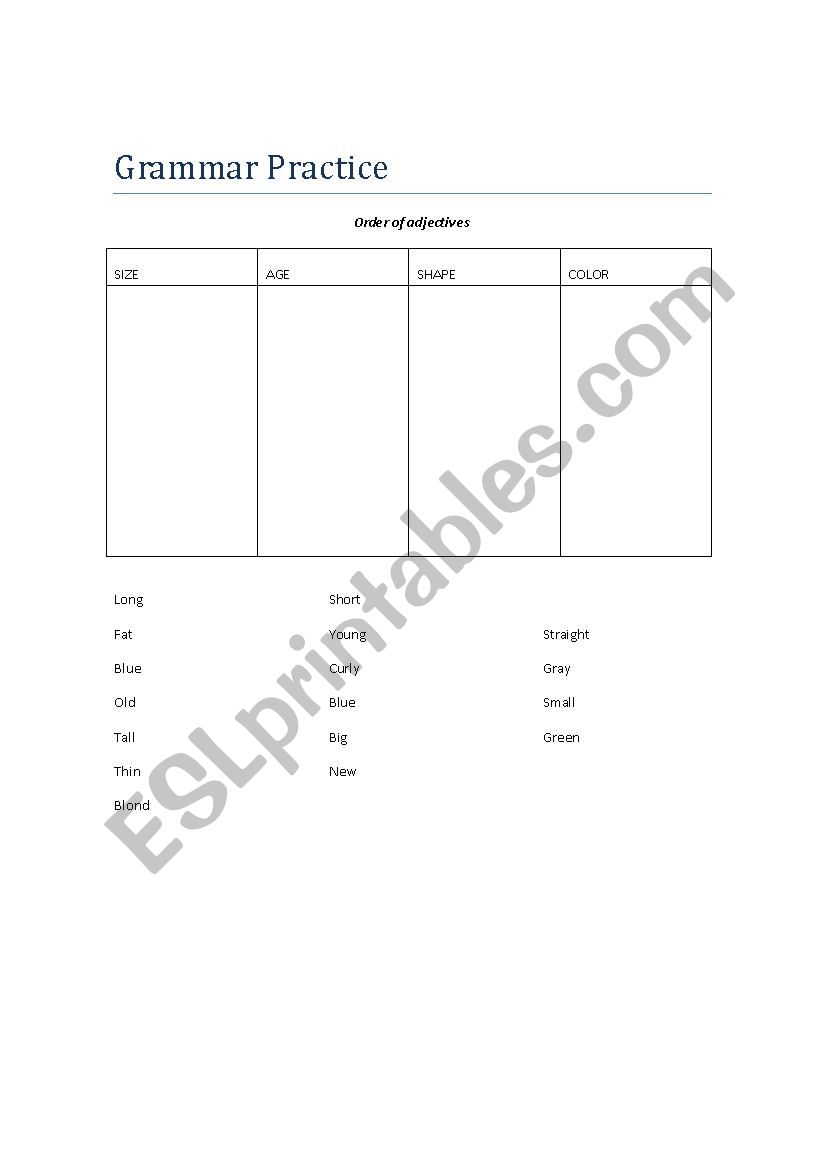 Adjectives Order worksheet