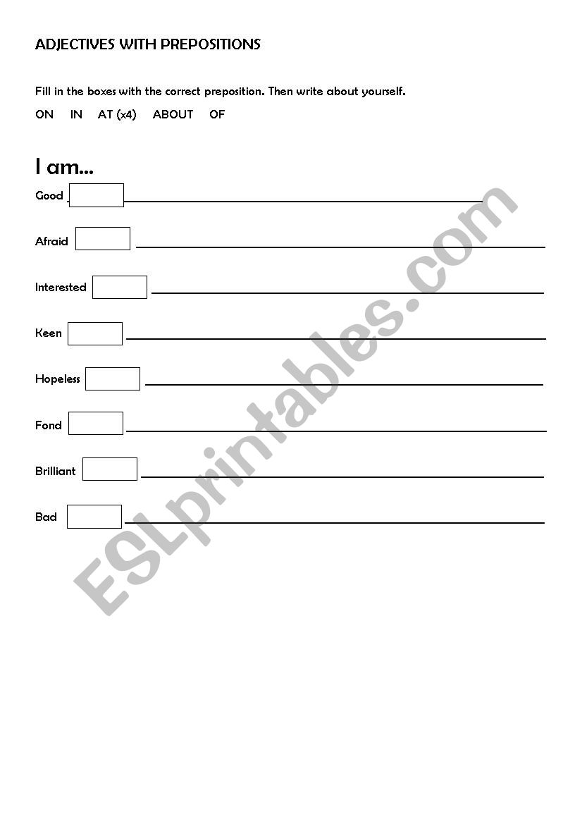 Adjectives with prepositions worksheet