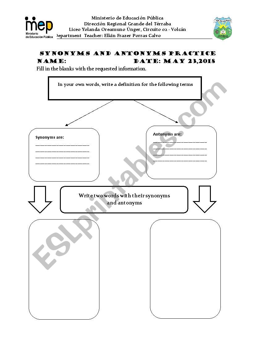 Synonyms and Antonyms worksheet