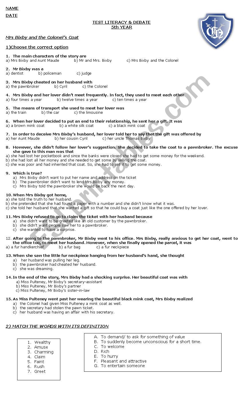 test short story worksheet