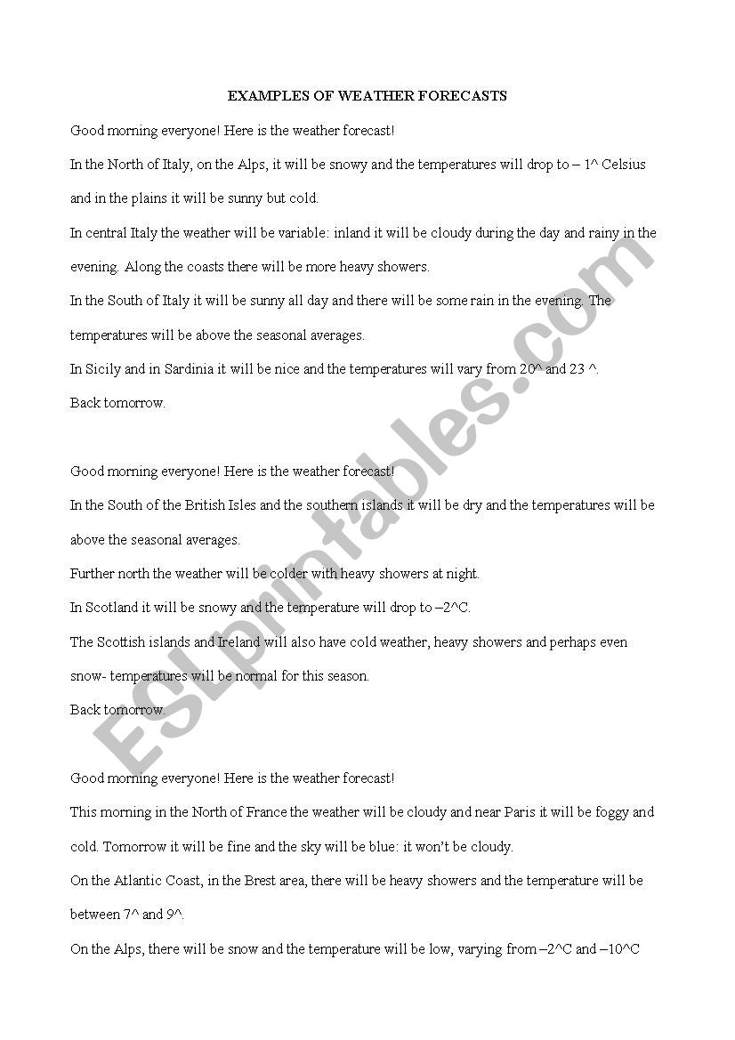 WEATHER FORECASTS worksheet
