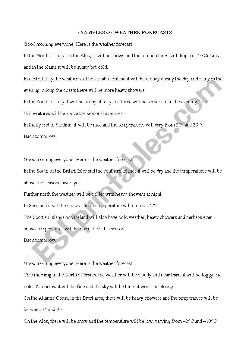 WEATHER FORECASTS worksheet