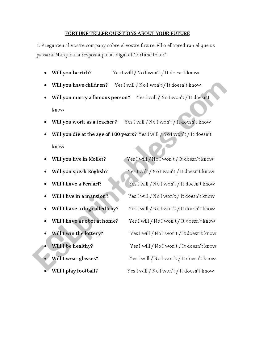 Fortune Teller questions worksheet