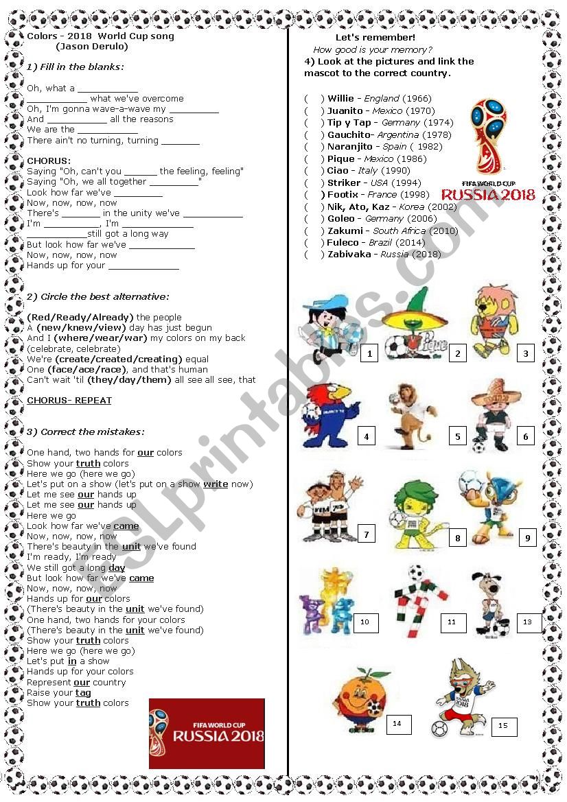 World Cup 2018 theme song worksheet