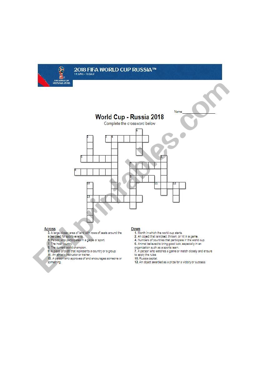 World Cup crossword worksheet