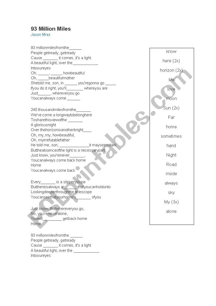 93 Million Miles worksheet