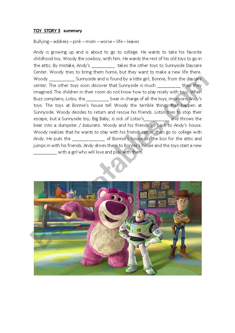 Toy story 3 worksheet