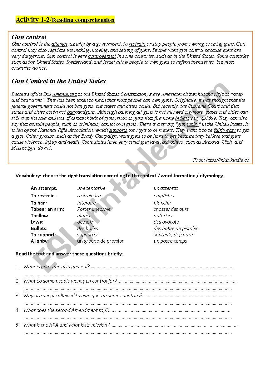 Gun Culture in the USA worksheet