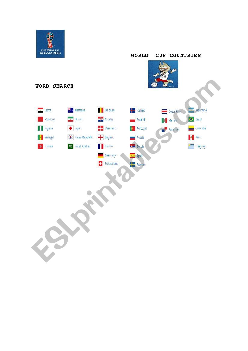 World cup countries word search