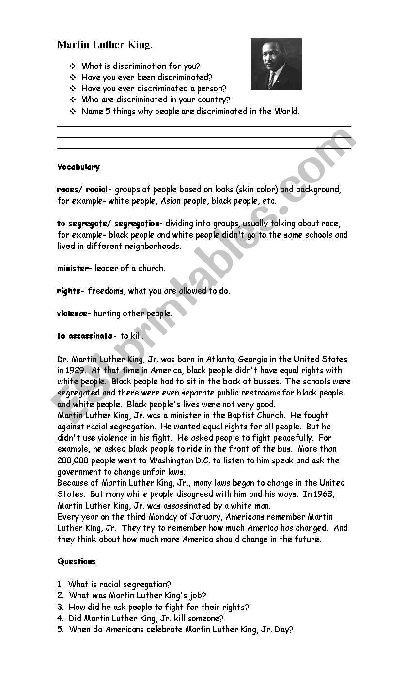 martin luther king worksheet