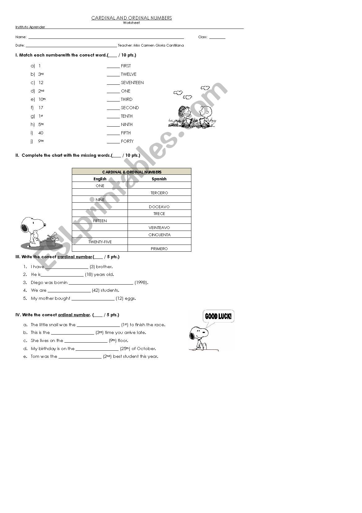 Numbers Handout worksheet