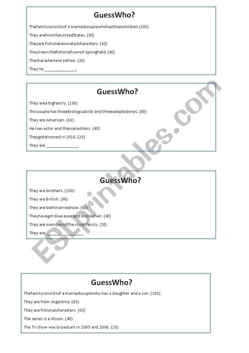 Famous Families (reading) worksheet