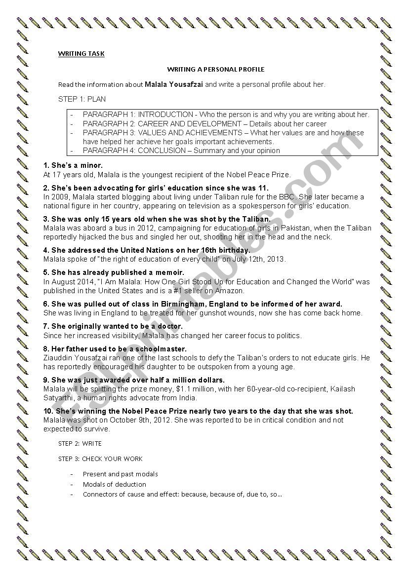 WRITING A PERSONAL PROFILE: MALALA - ESL worksheet by Iris_15