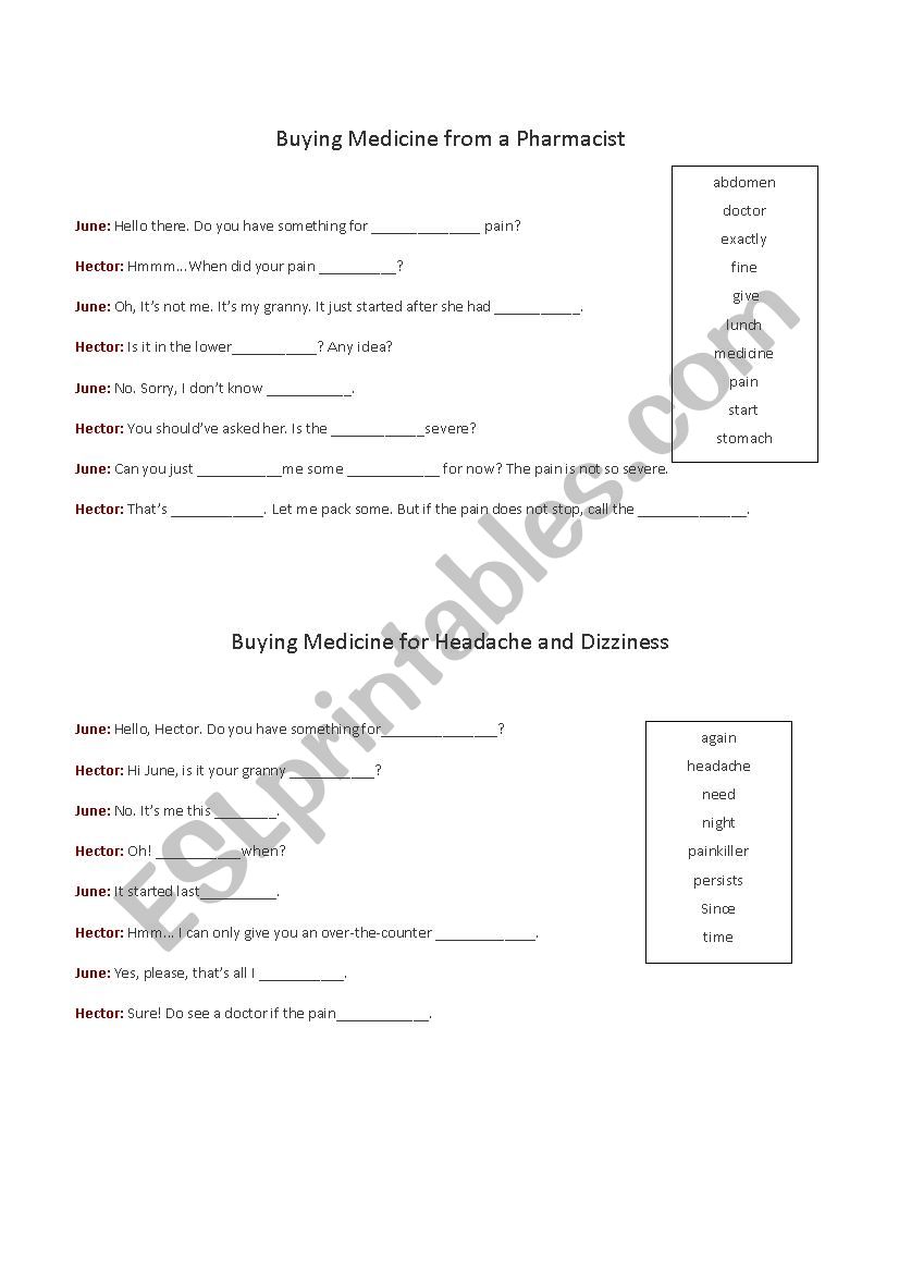 At the pharmacy worksheet