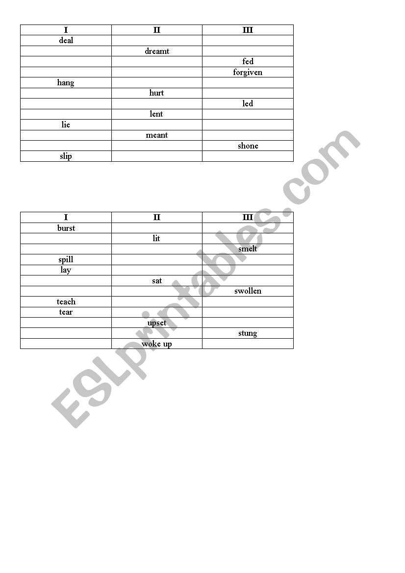 Irregular verbs Test worksheet