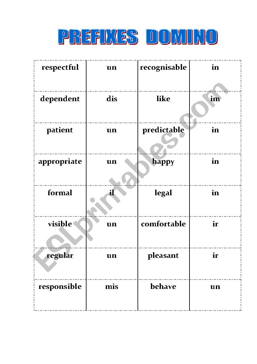 Prefixes Domino Negative worksheet