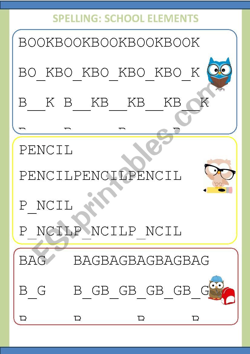 SCHOOL ELEMENTS- Spelling worksheet