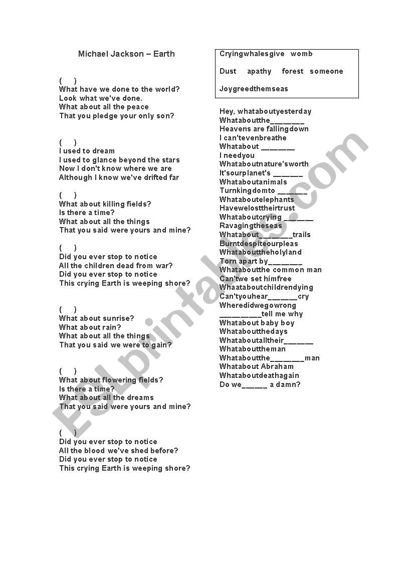 Michael Jackson - Earth song worksheet