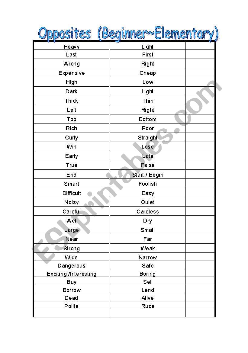 Opposites list worksheet