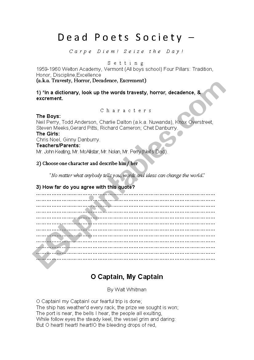 dead poets society movie worksheet