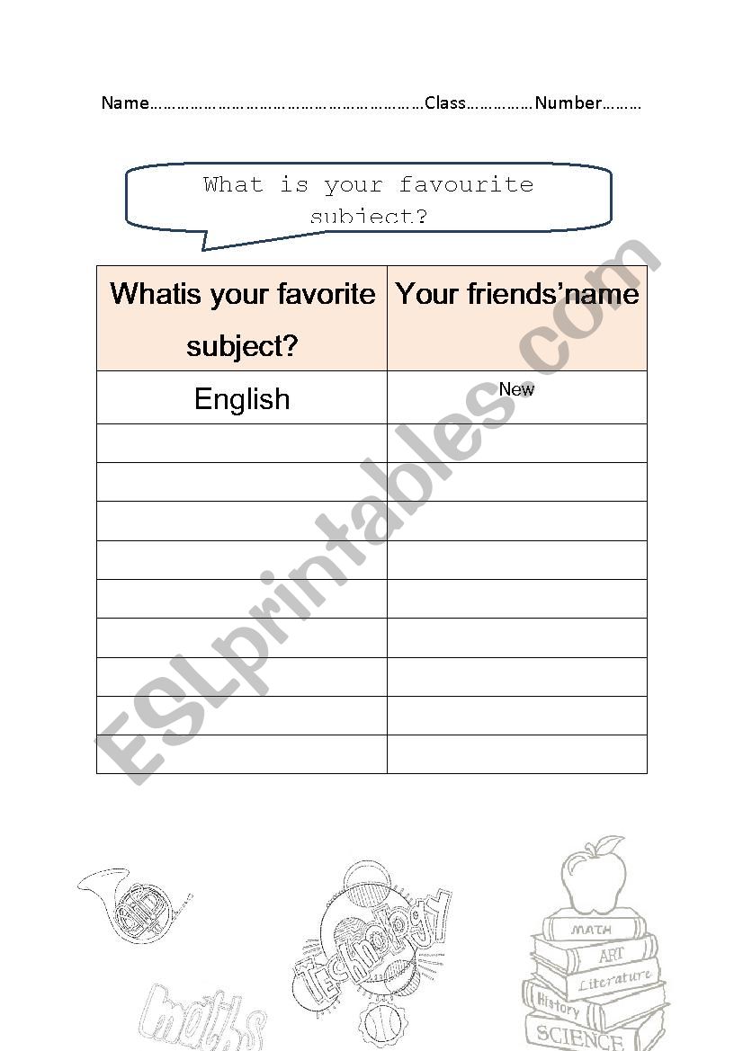 Favourite Subjects worksheet