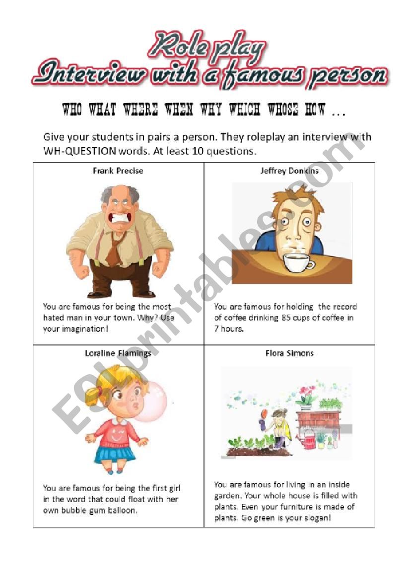 Role play, speaking cards for wh-question practice