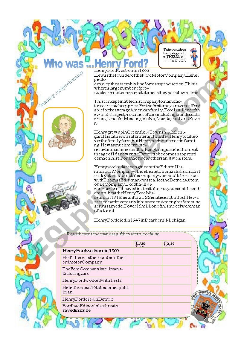 Who was Henry Ford ? worksheet