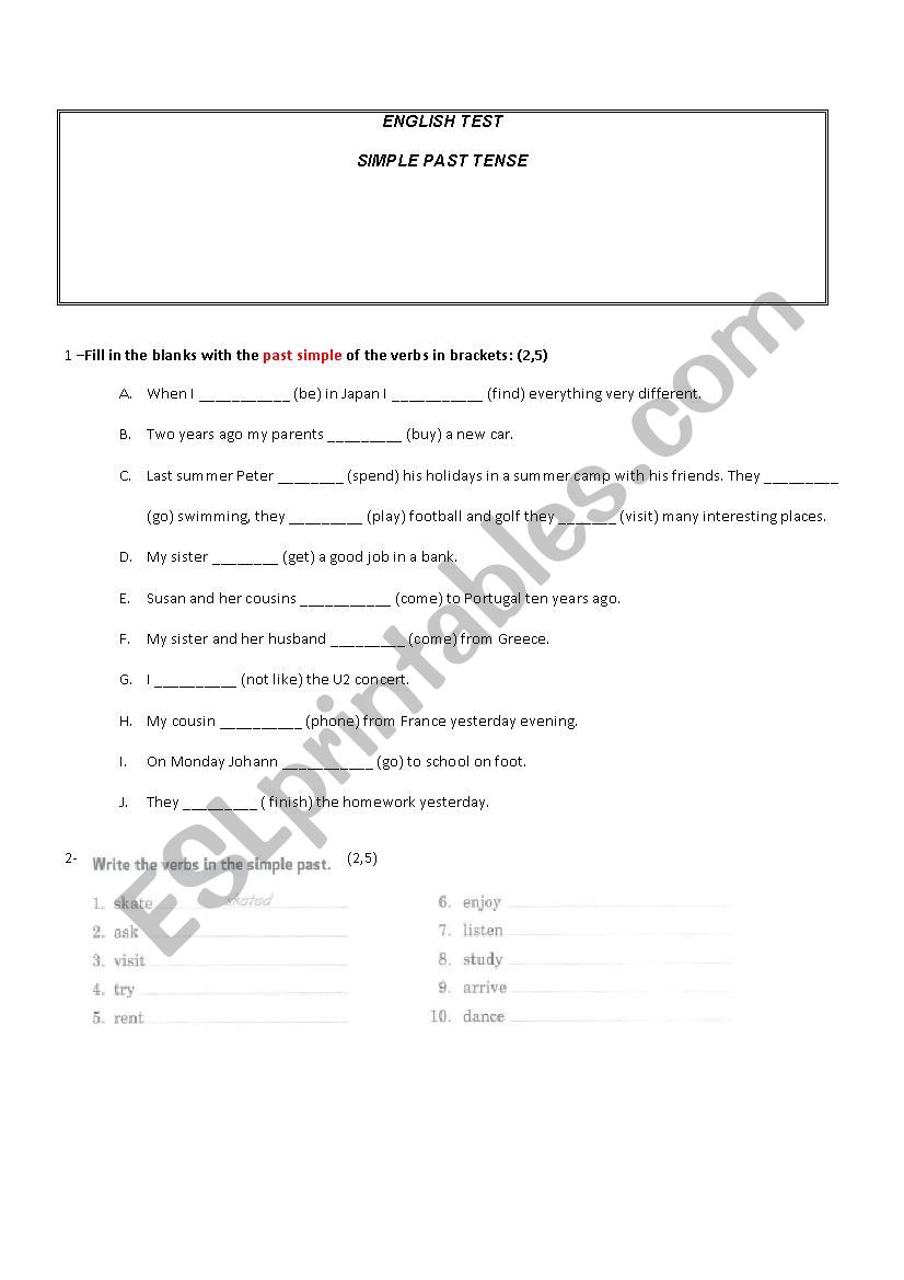 Simple Past English Test worksheet