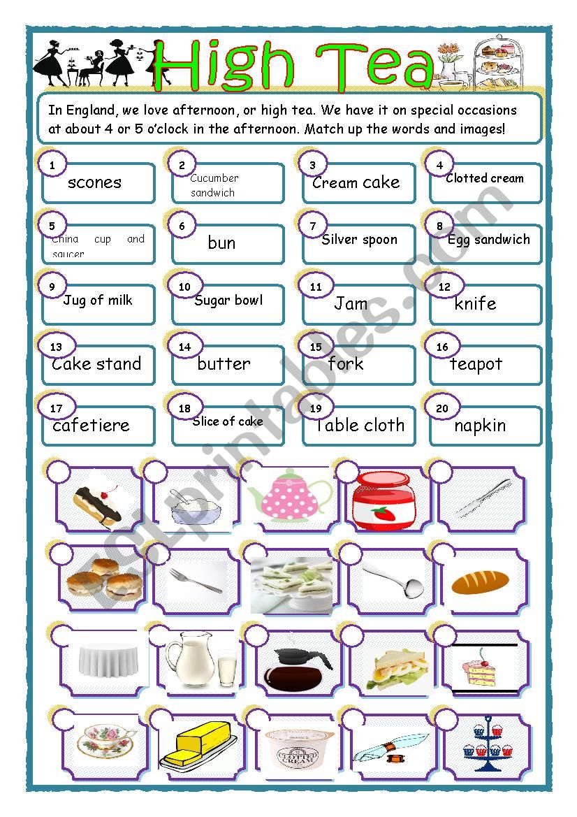 High Tea match-up exercise.  worksheet