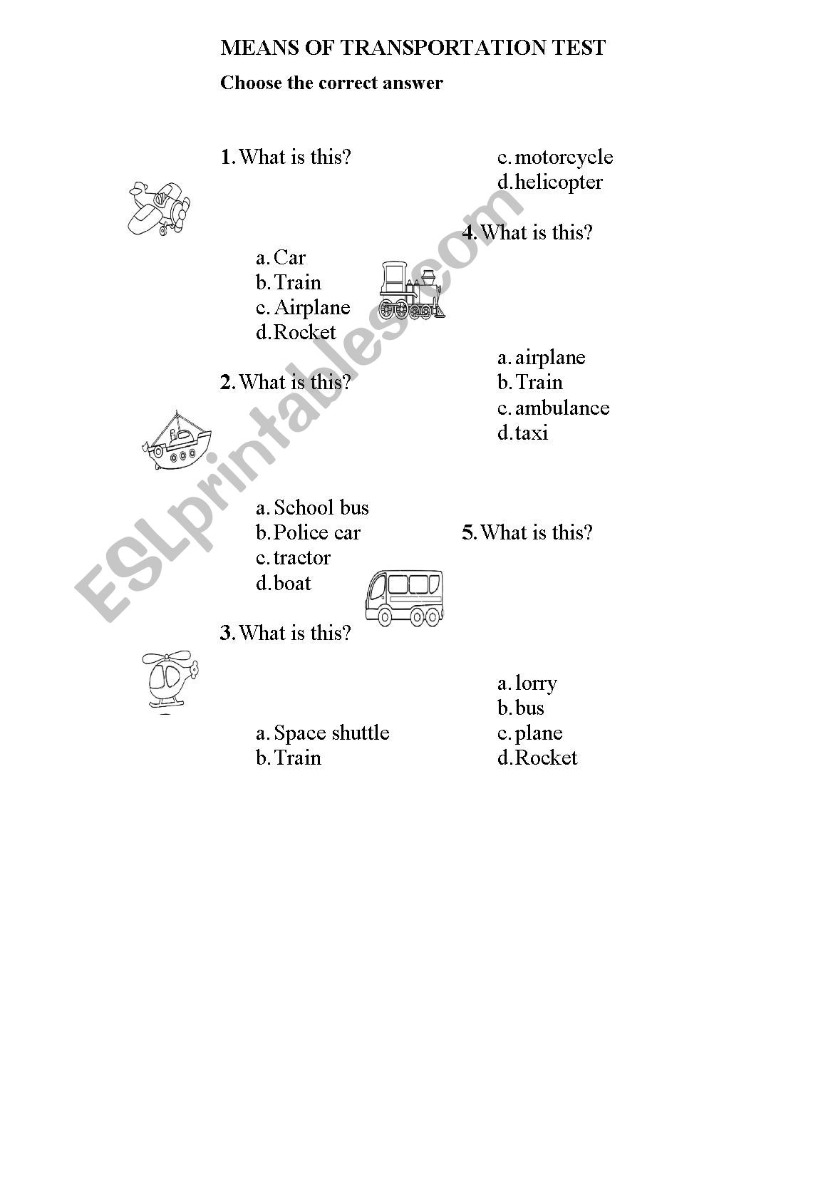 test means of transportation  worksheet