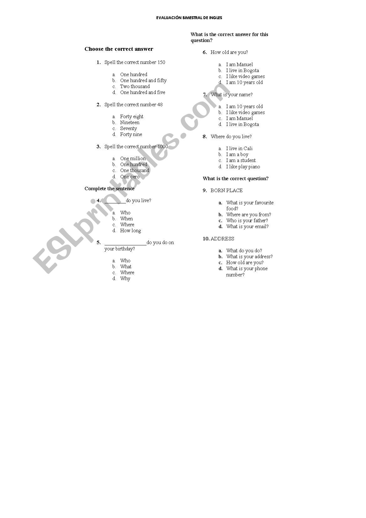 WH QUESTIONS TEST worksheet