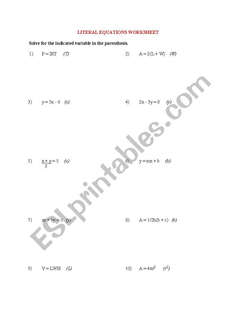 Literal Equations Worksheet worksheet