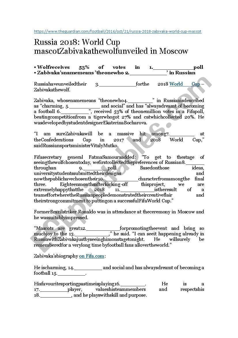 World Cup 2018 Mascot  worksheet