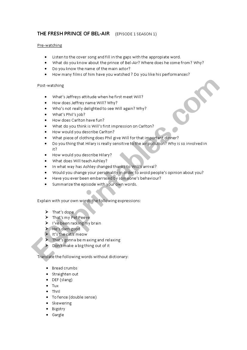 Prince of BEL AIR S01E01 worksheet