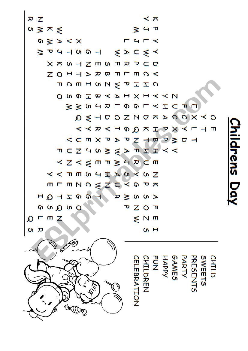 Childrens Day word seach worksheet
