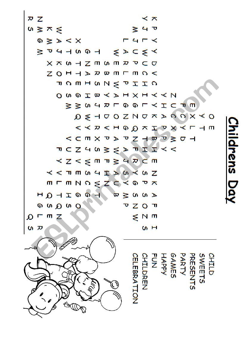 Childrens Day word seach worksheet